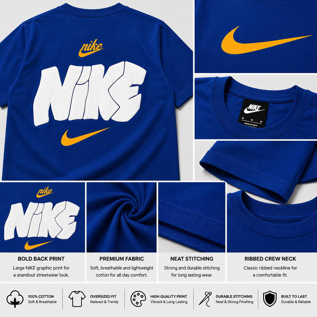 Ni_ke Men’s Royal Blue Oversized Graphic T-Shirt – White & Yellow Streetwear Tee