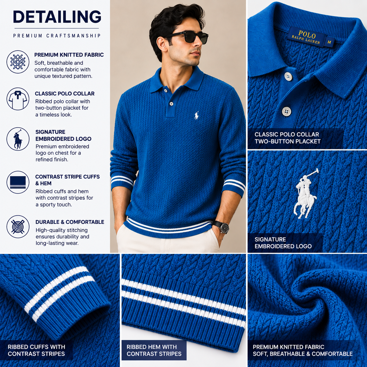 po_lo Men's Premium Blue Textured Knit Polo T-Shirt with Contrast Stripe Cuffs