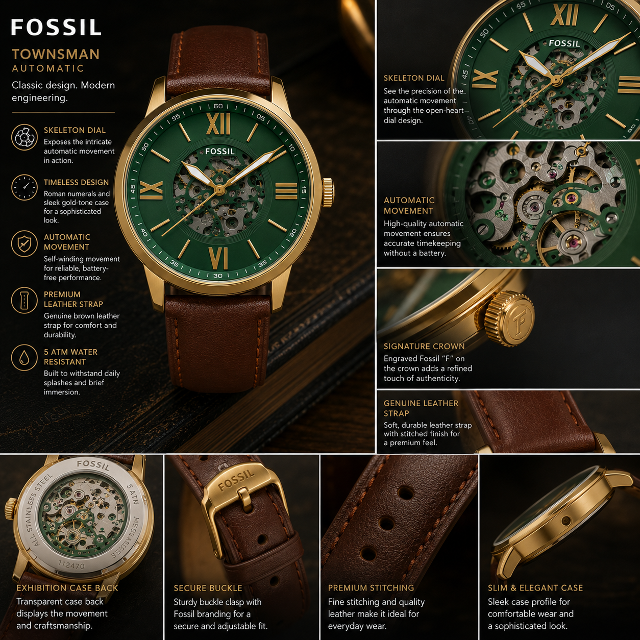 Fo_ssil Automatic Skeleton Men’s Watch – Green Dial, Gold-Tone Case & Brown Leather Strap