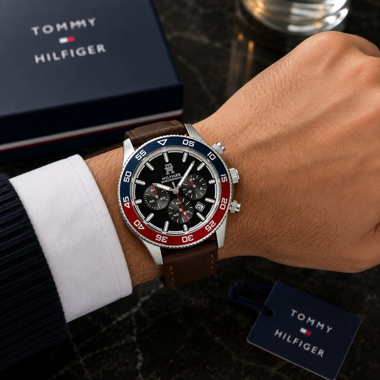 Tom_my Hilfi_ger Chronograph Men’s Watch – Black Dial, Red & Blue Bezel with Brown Strap