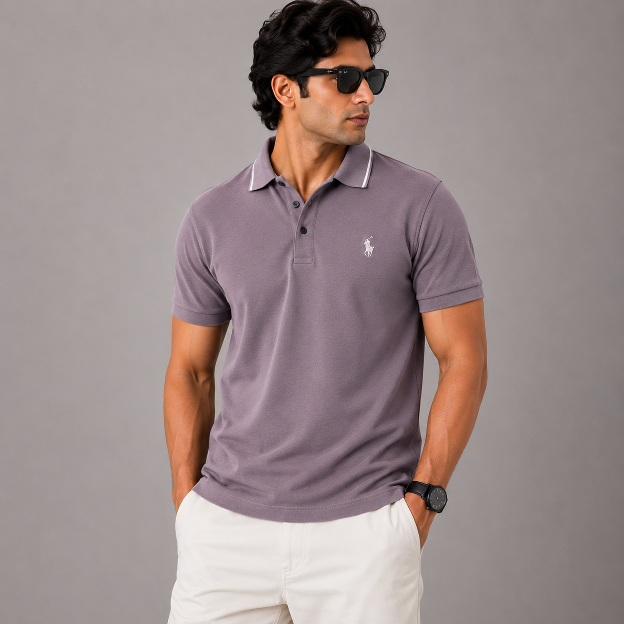 Po_lo Ral_ph Lau_ren Men’s Light Purple Premium Polo T-Shirt – Signature Pony Logo & Contrast Tipped Collar