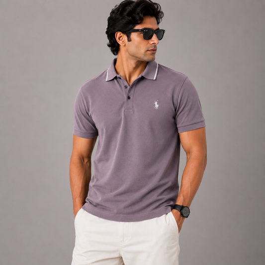Po_lo Ral_ph Lau_ren Men’s Light Purple Premium Polo T-Shirt – Signature Pony Logo & Contrast Tipped Collar
