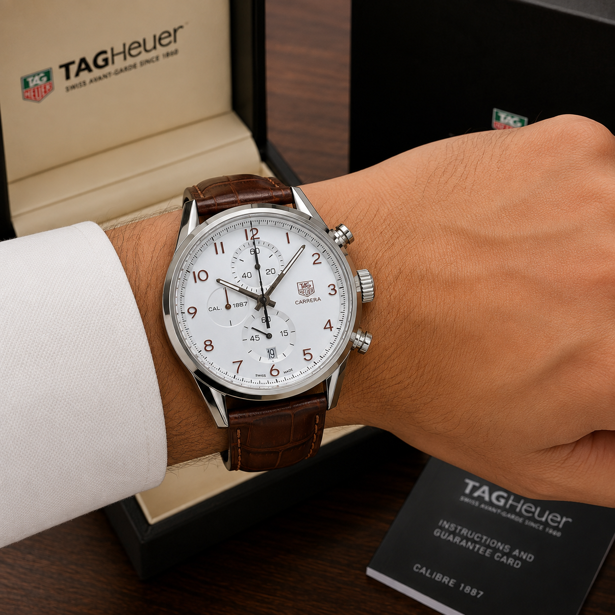 TA_G He_uer Carrera Calibre 1887 White Dial Brown Leather Chronograph Watch
