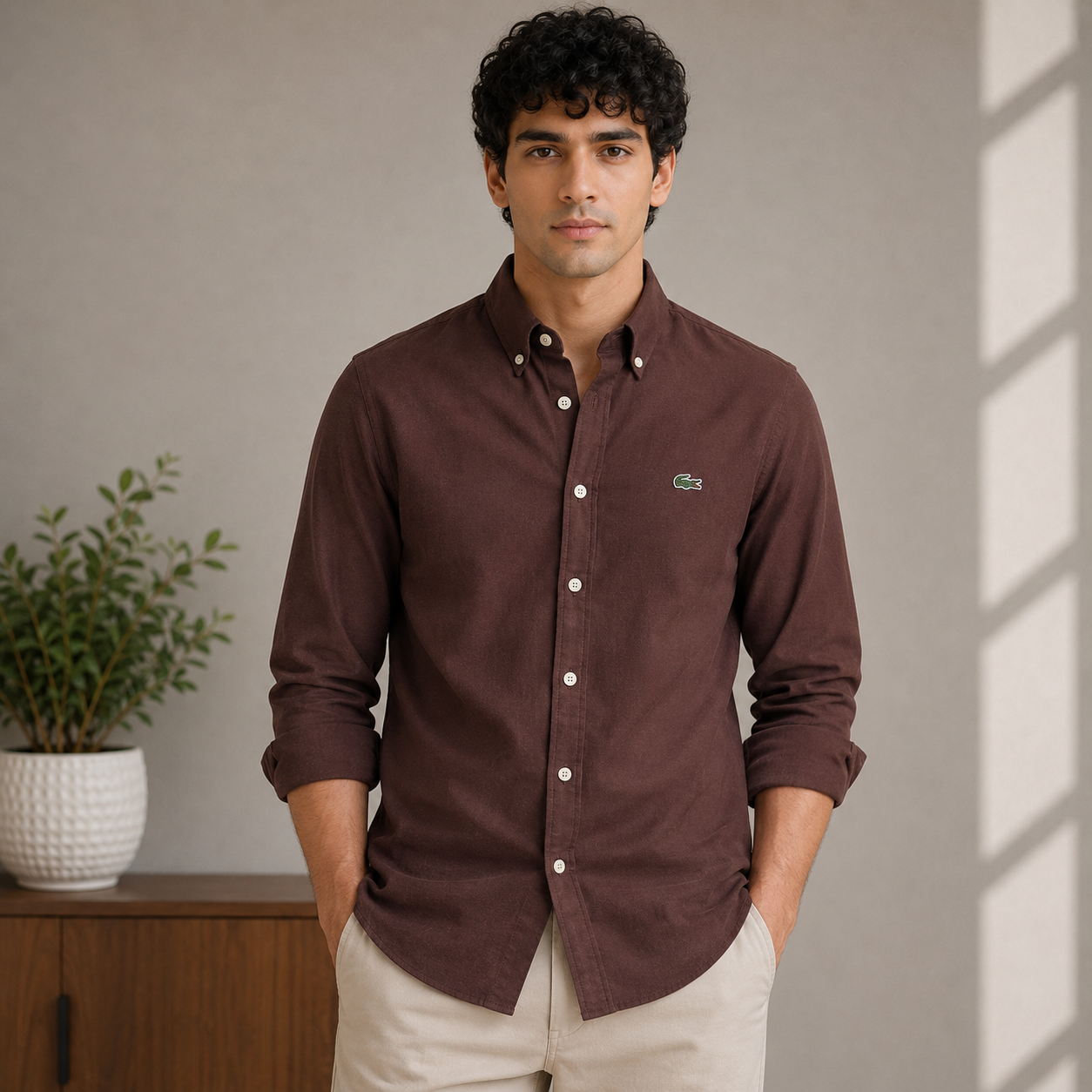 Lac_oste Men’s Chocolate Brown Slim Fit Button-Down Shirt – Signature Crocodile Logo