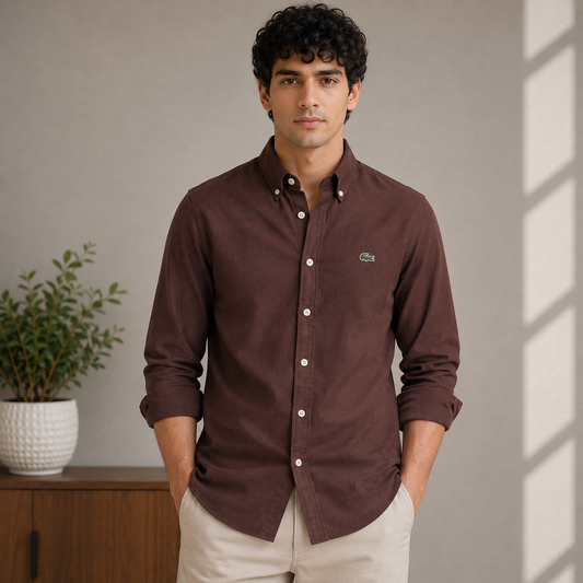 Lac_oste Men’s Chocolate Brown Slim Fit Button-Down Shirt – Signature Crocodile Logo