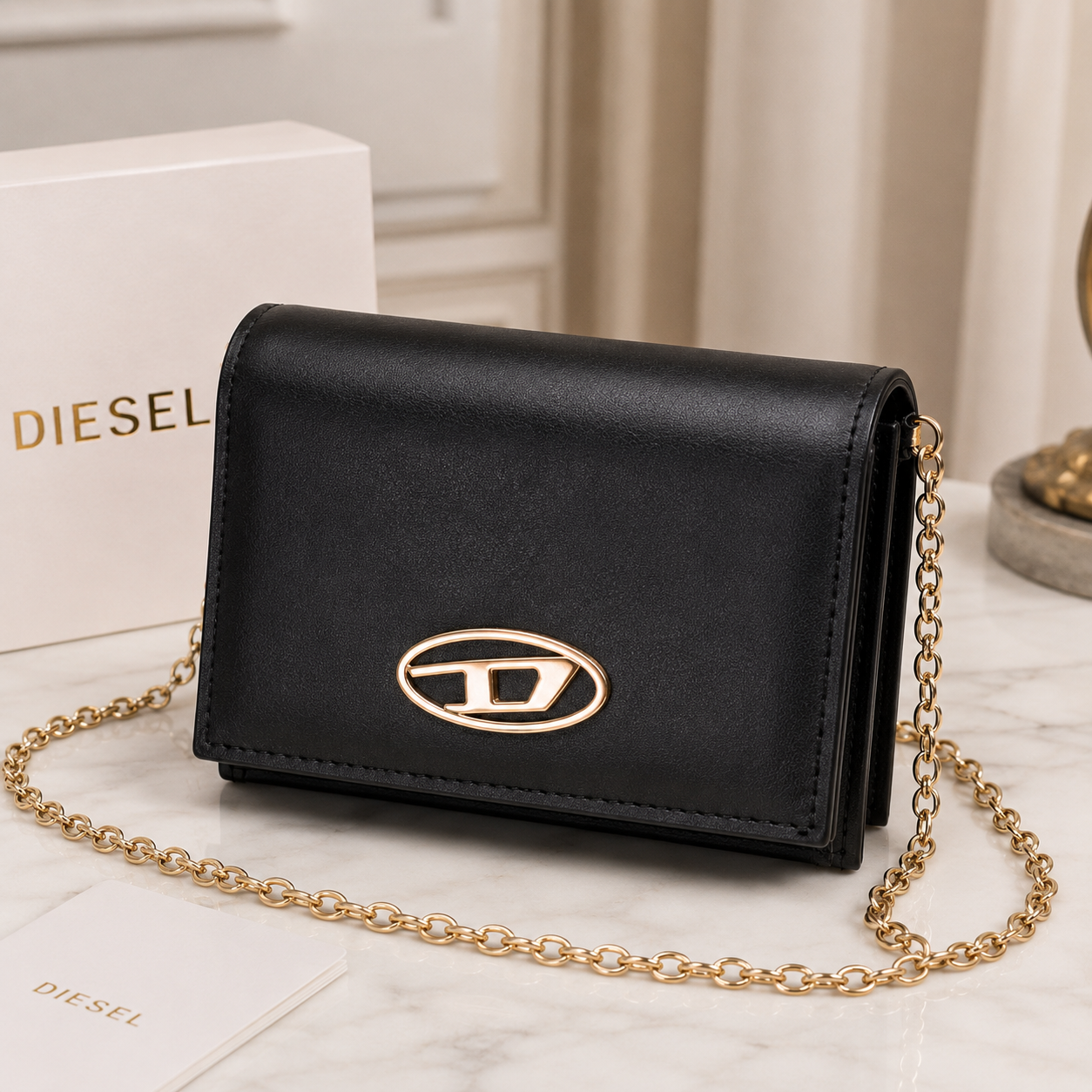 DIE_SEL Women’s Black Chain Shoulder Bag – Premium Compact Crossbody Handbag