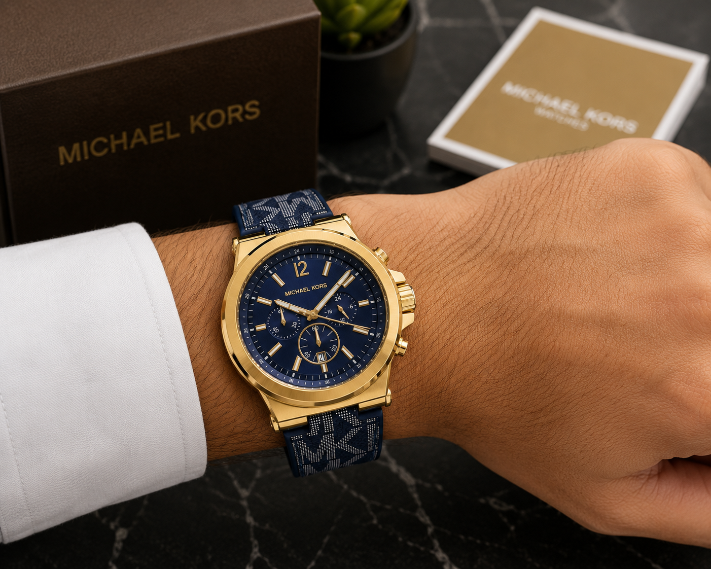 Mic_hael Ko_rs Gold-Tone Blue Dial Chronograph Watch with Signature Strap