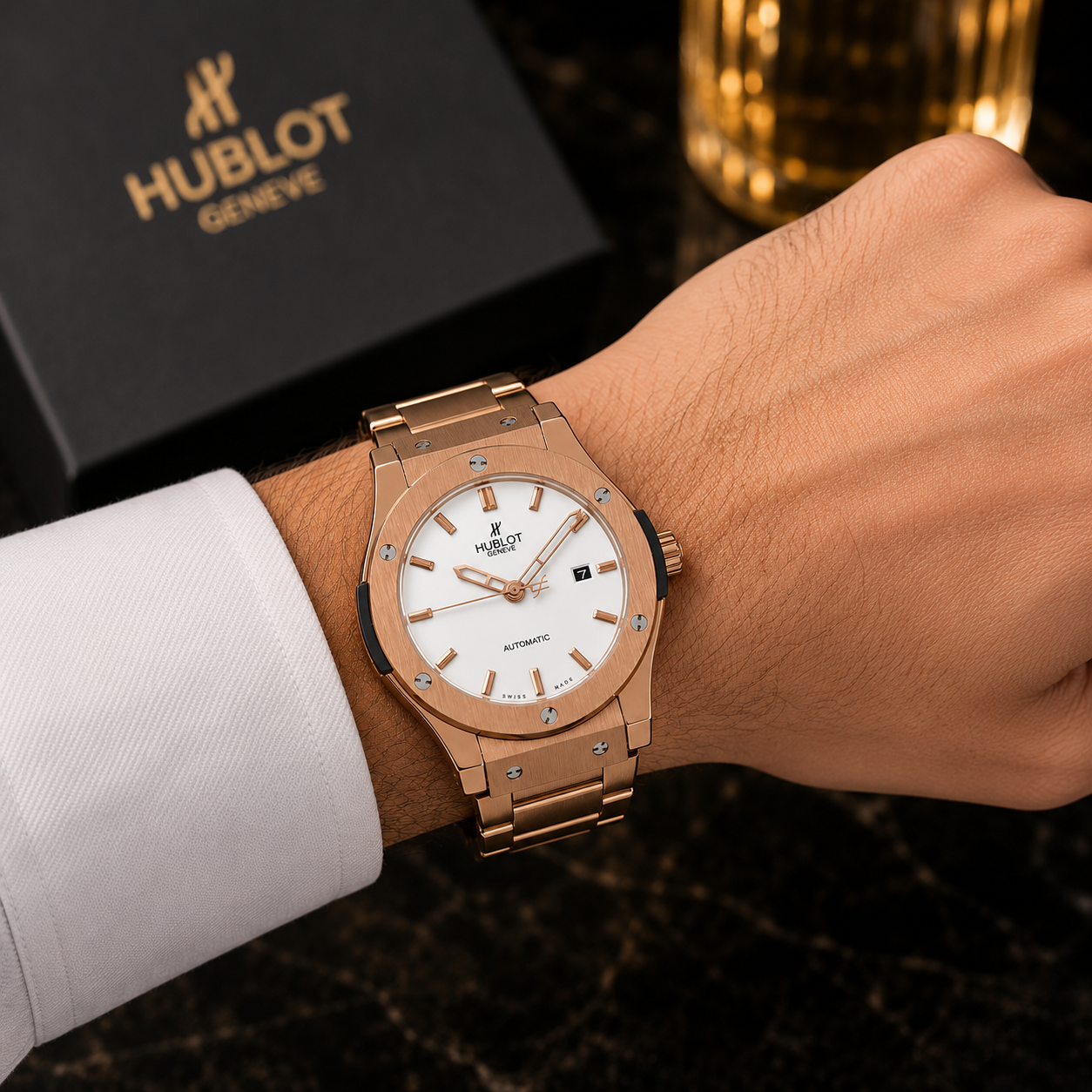 Hub_lot Classic Fusion Rose Gold Automatic Men’s Watch – White Dial