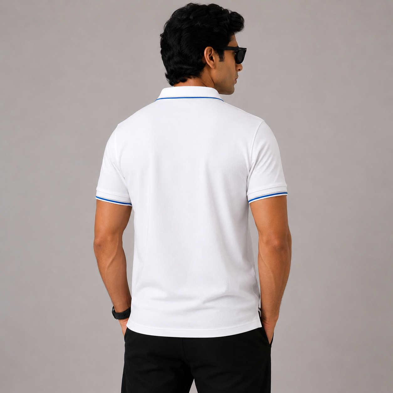 Men’s White Premium Polo T-Shirt with Blue Contrast Tipping & Embroidered Chest Logo