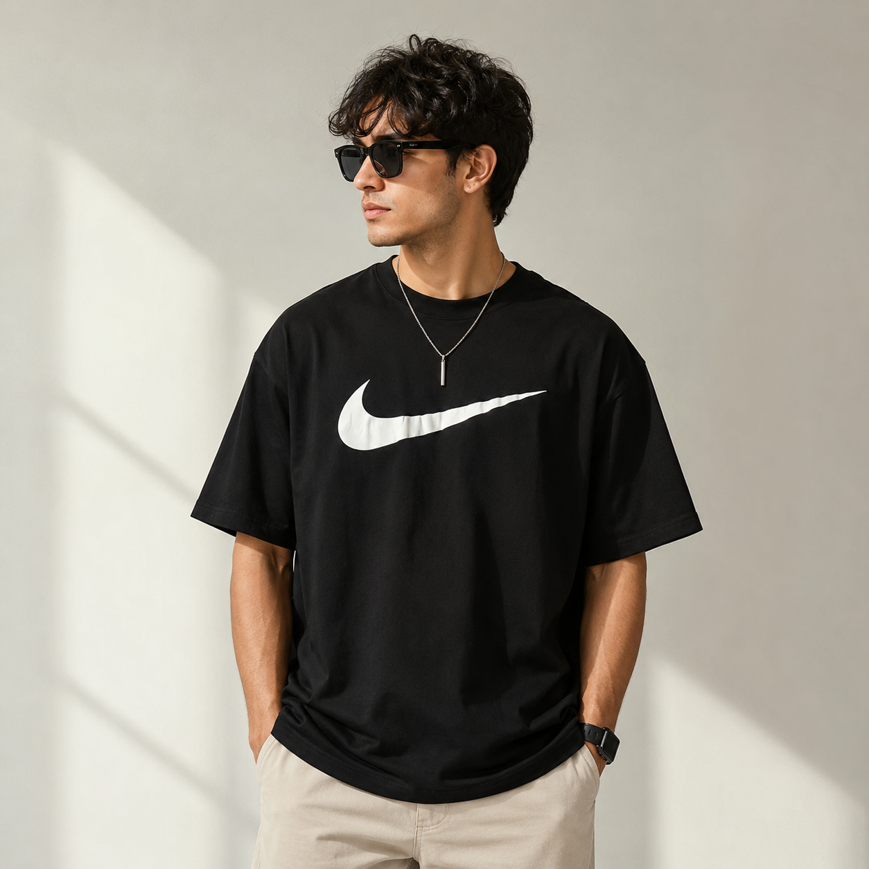 Ni_ke Men’s Black Oversized Graphic T-Shirt – Swoosh Print Casual Streetwear Tee