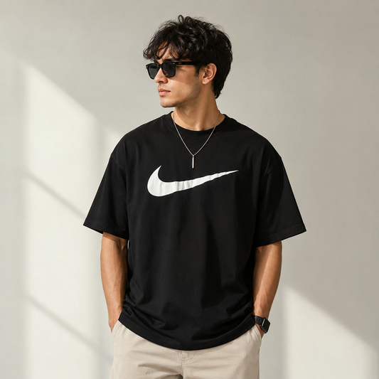 Ni_ke Men’s Black Oversized Graphic T-Shirt – Swoosh Print Casual Streetwear Tee