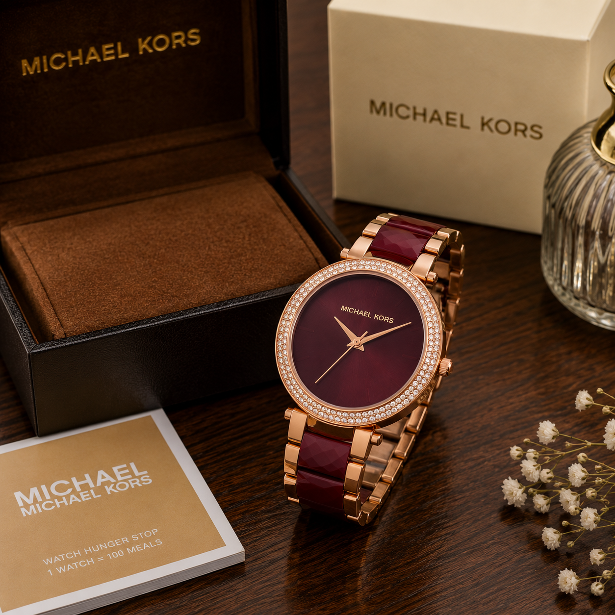Mic_hael Ko_rs Burgundy Dial Crystal Bezel Ladies Watch