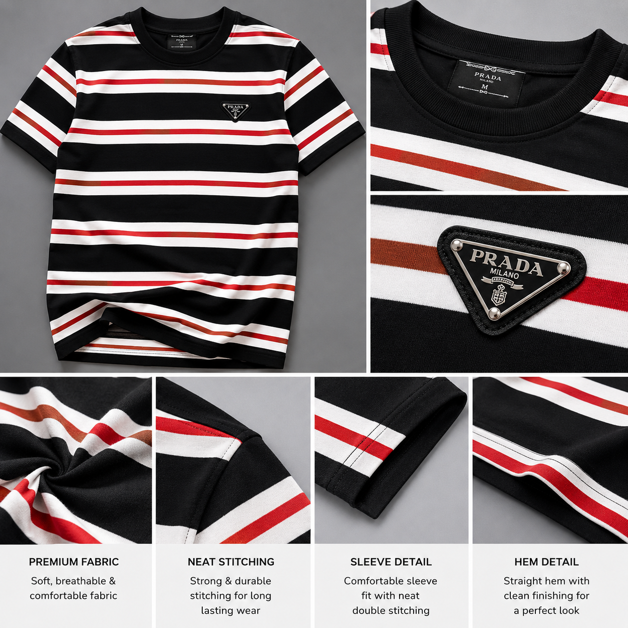 pr_ada Men’s Black Striped Premium T-Shirt | Contrast White & Red Stripe Casual Half Sleeve Tee