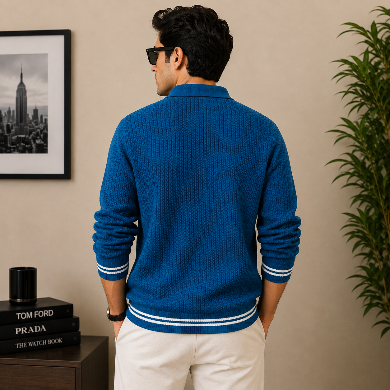 po_lo Men's Premium Blue Textured Knit Polo T-Shirt with Contrast Stripe Cuffs