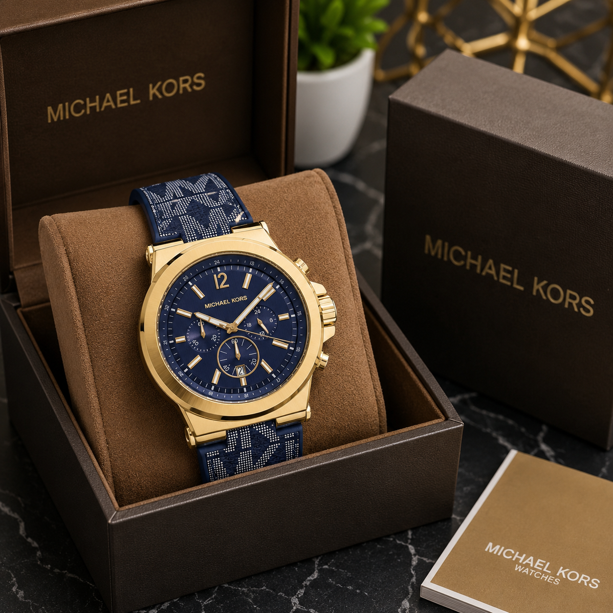 Mic_hael Ko_rs Gold-Tone Blue Dial Chronograph Watch with Signature Strap