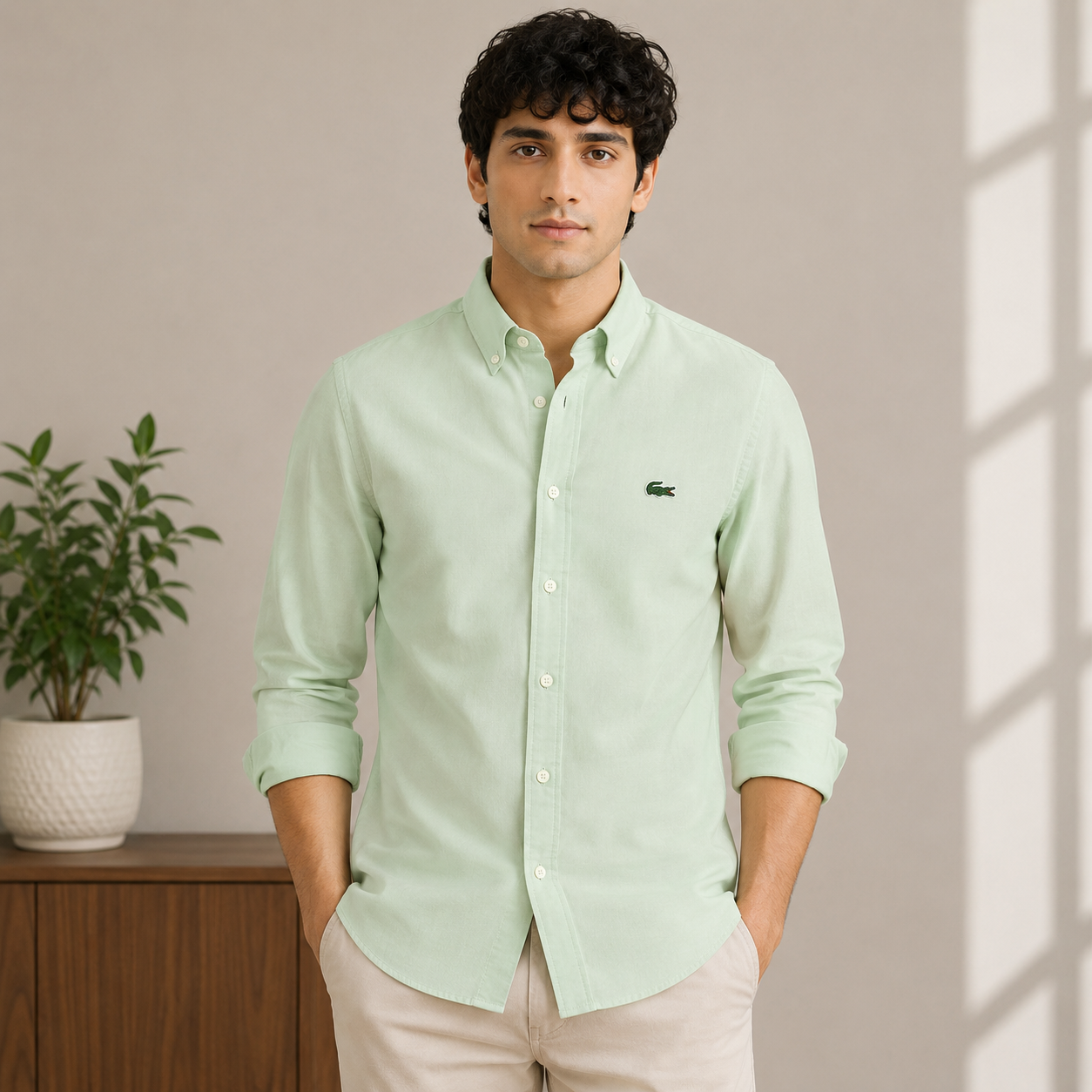 Lac_oste Men’s Mint Green Slim Fit Button-Down Shirt – Signature Crocodile Logo