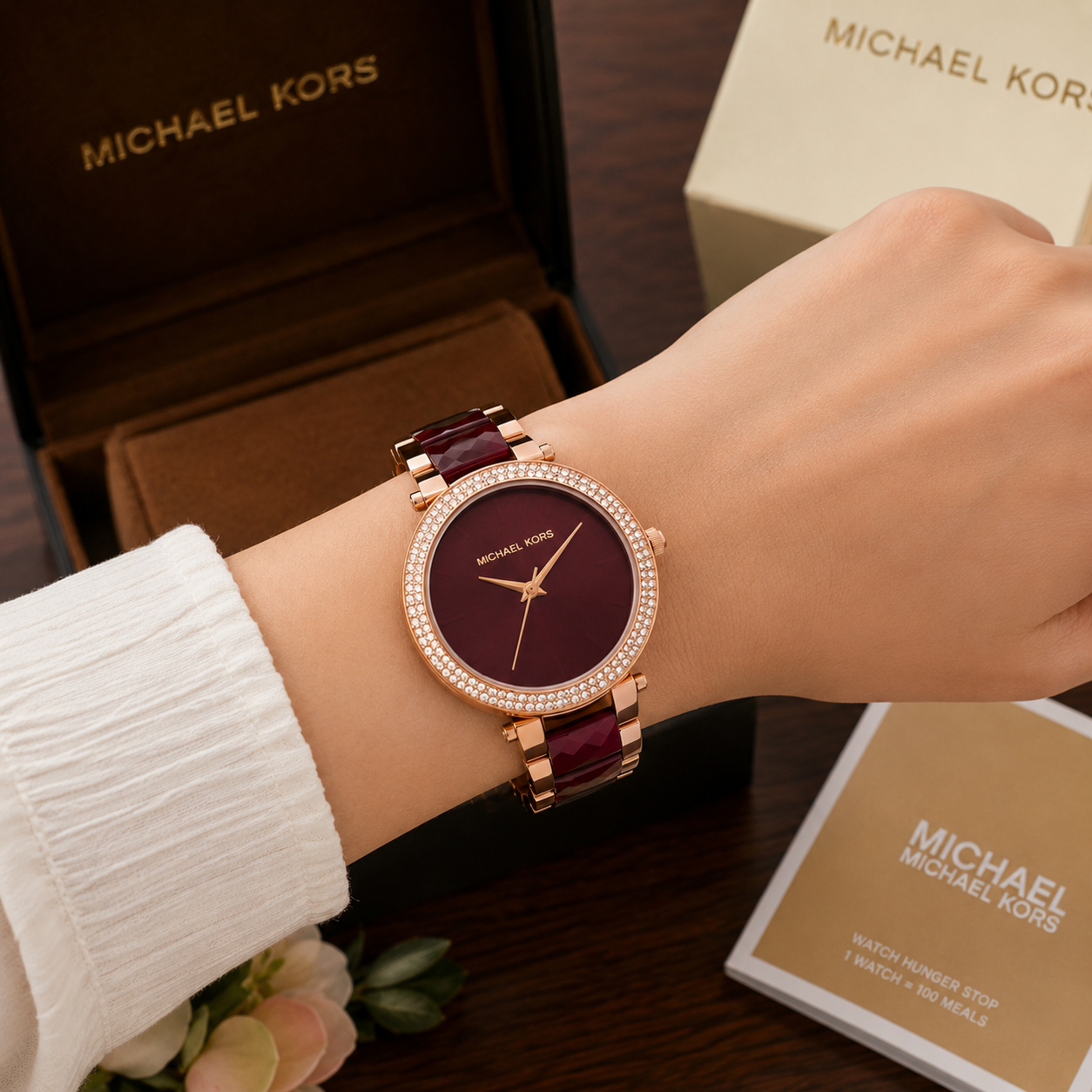 Mic_hael Ko_rs Burgundy Dial Crystal Bezel Ladies Watch
