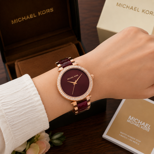 Mic_hael Ko_rs Burgundy Dial Crystal Bezel Ladies Watch