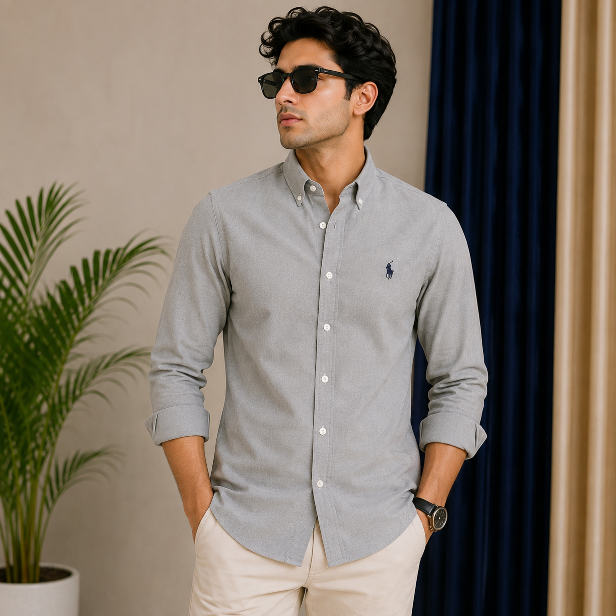 Po_lo RAL_PH LAU_REN Men’s Premium Light Grey Oxford Shirt – Embroidered Button-Down Full Sleeve Shirt