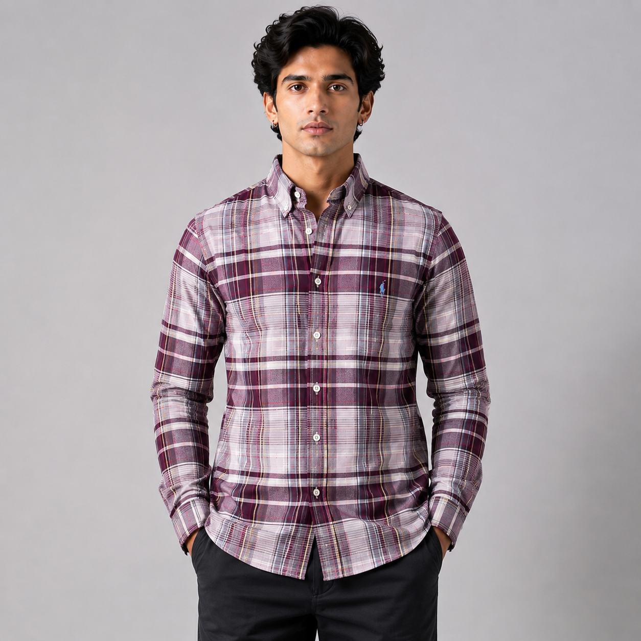 Po_lo Ra_lph Lau_ren Men's Burgundy Plaid Check Shirt | Custom Fit Full Sleeve Button-Down Shirt
