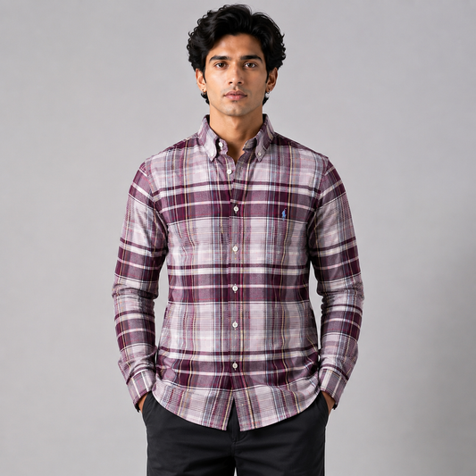 Po_lo Ra_lph Lau_ren Men's Burgundy Plaid Check Shirt | Custom Fit Full Sleeve Button-Down Shirt