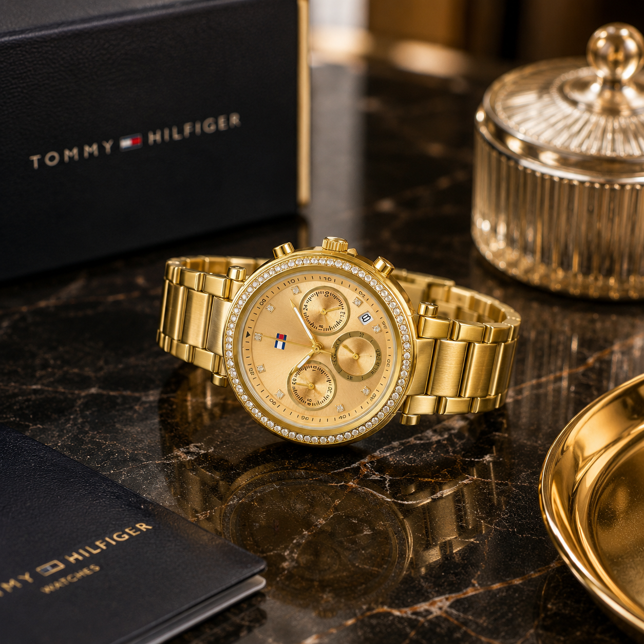 Tom_my Hil_figer Gold-Tone Multi-Function Watch – Crystal Bezel & Premium Metal Bracelet