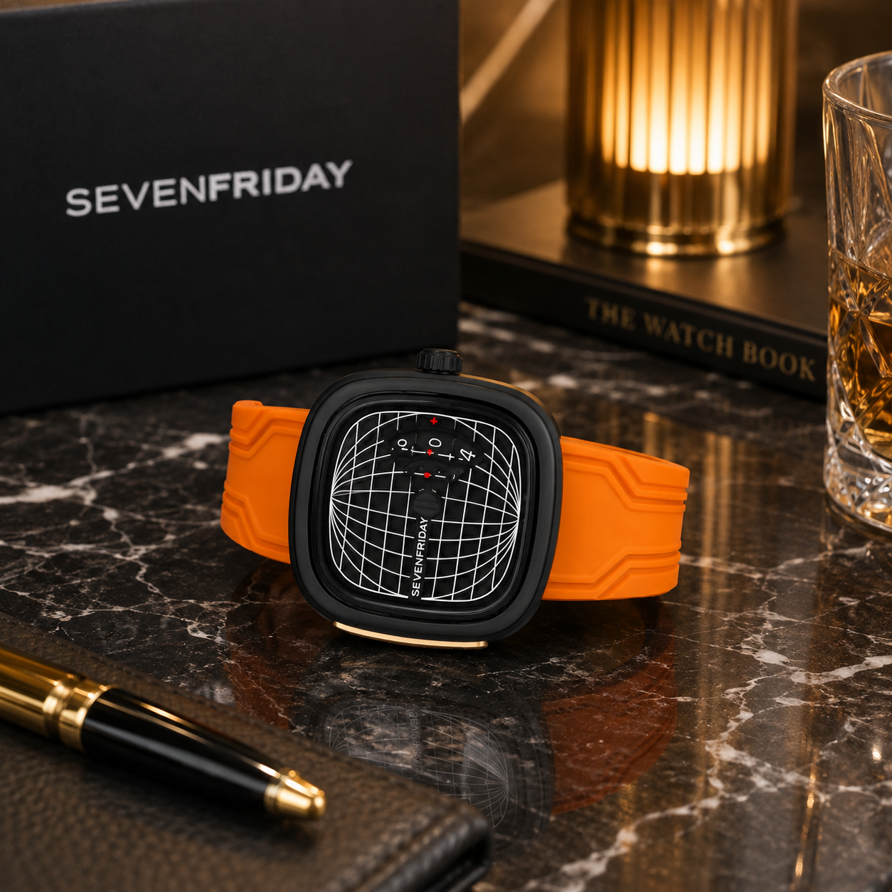 SE_VEN_FRI_DAY ME1/01 Men's Statement Watch – Black Globe Dial with Orange Silicone Strap