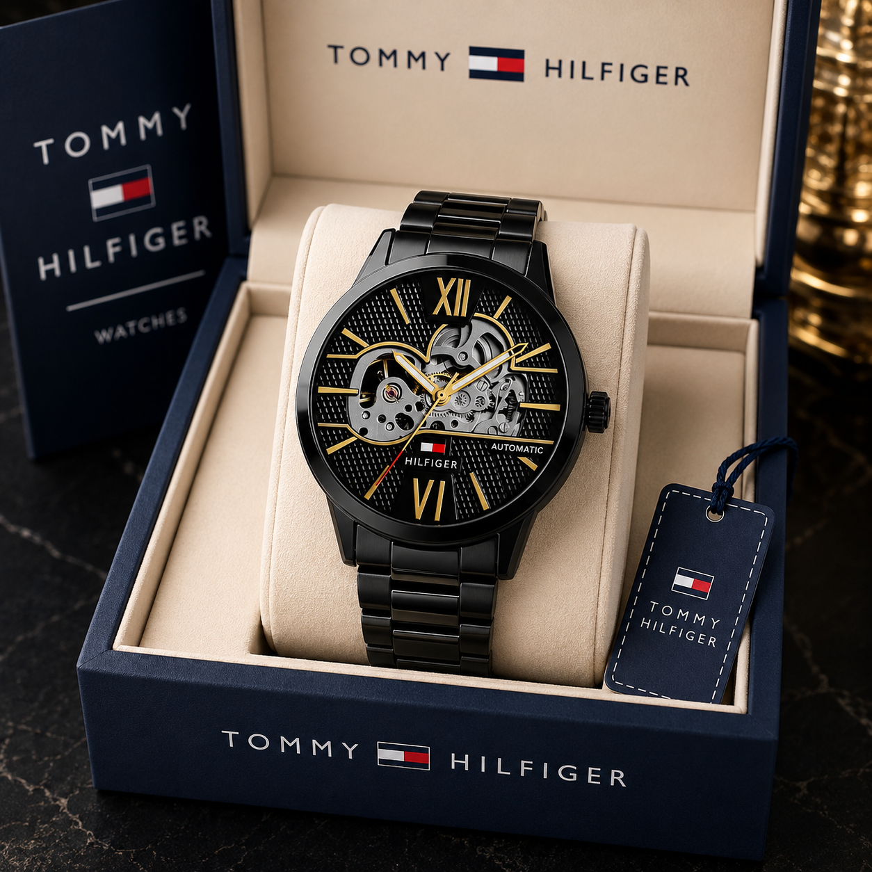 Tom_my Hilfi_ger Black & Gold Skeleton Automatic Men’s Watch