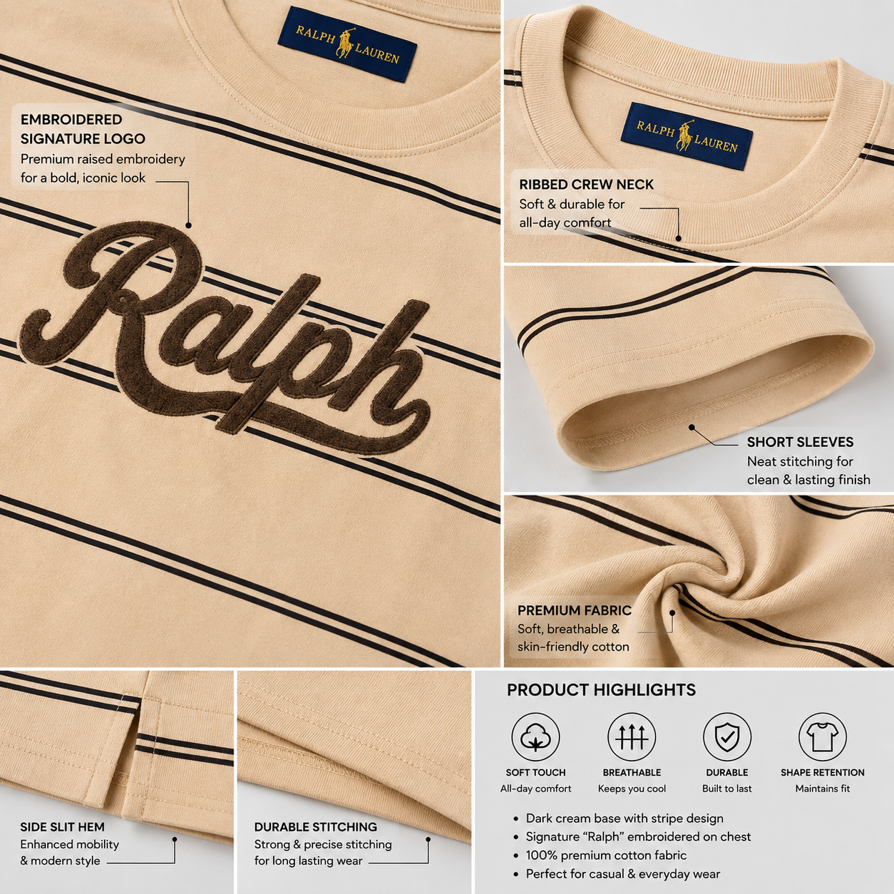 Po_lo Ra_lph Lau_ren Men’s Dark Cream Striped Crew Neck T-Shirt – Brown Ralph Embroidered Logo