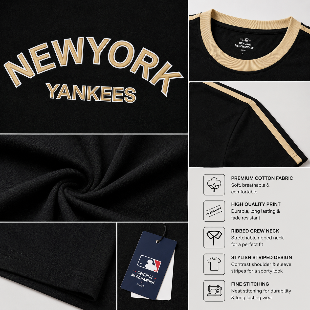 Ne_w Yo_rk Yan_kees Inspired Men's Premium Black Oversized Cotton T-Shirt with Contrast Stripe
