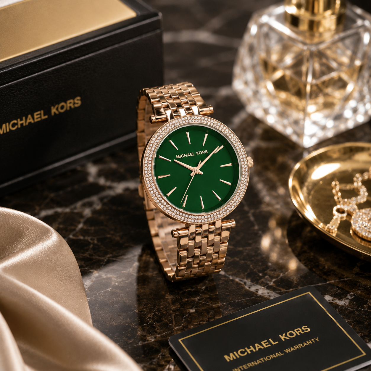 Mic_hael Ko_rs Women’s Rose Gold Crystal Watch – Emerald Green Dial & Premium Bracelet