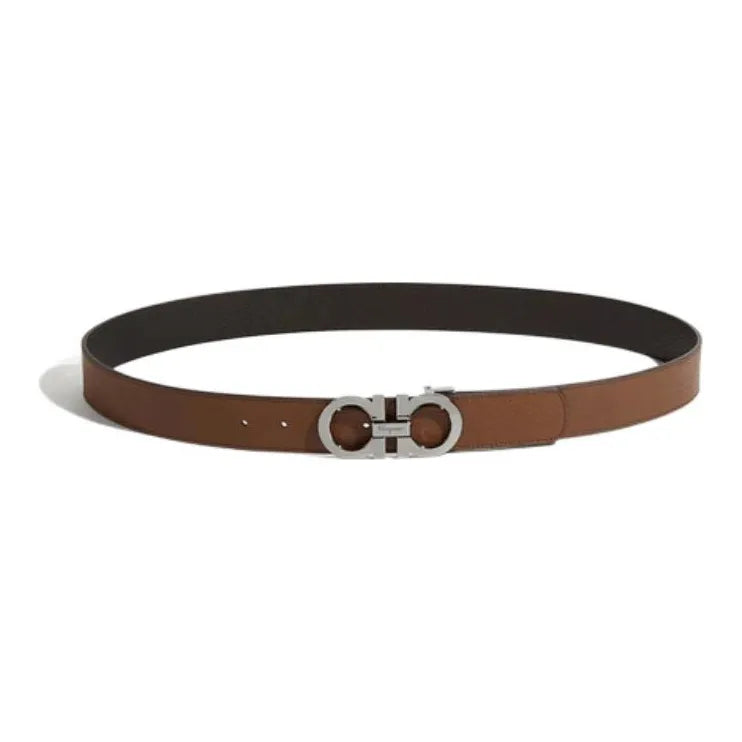 Ferragamo Reversible Adjustable Textured Calfskin Leather Gancini Belt Cane Sugar Brown Black