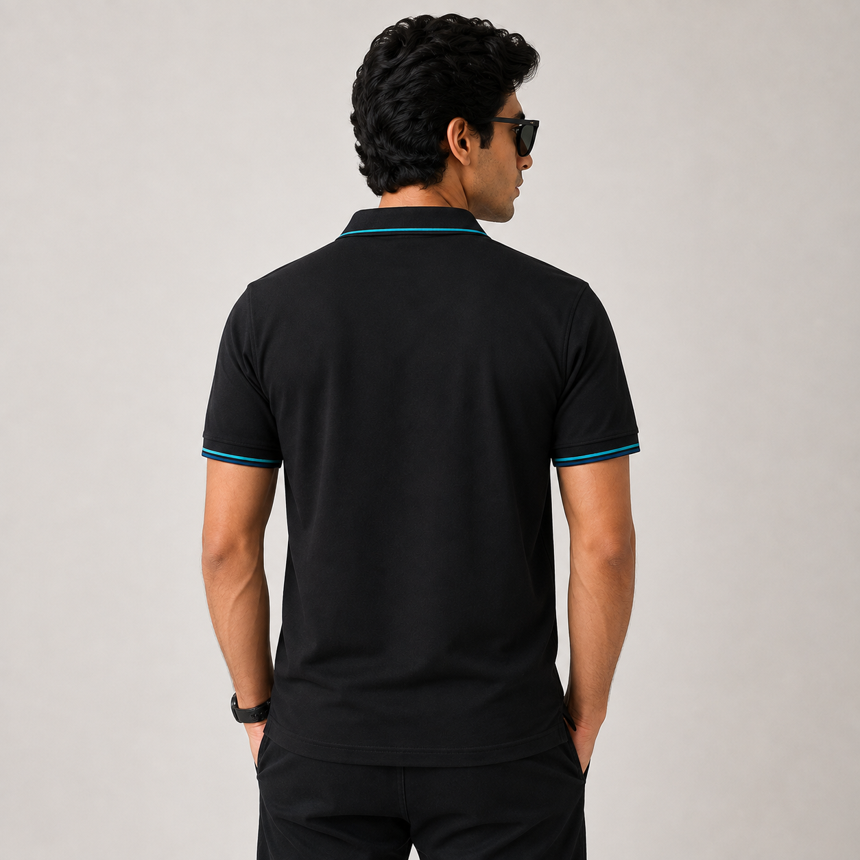 Men’s Black Premium Polo T-Shirt with Contrast Blue Trim & Embroidered Chest Logo