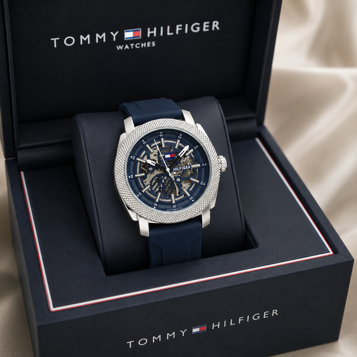 Tom_my Hilfi_ger Automatic Skeleton Dial Men's Watch – Blue Silicone Strap & Silver Case