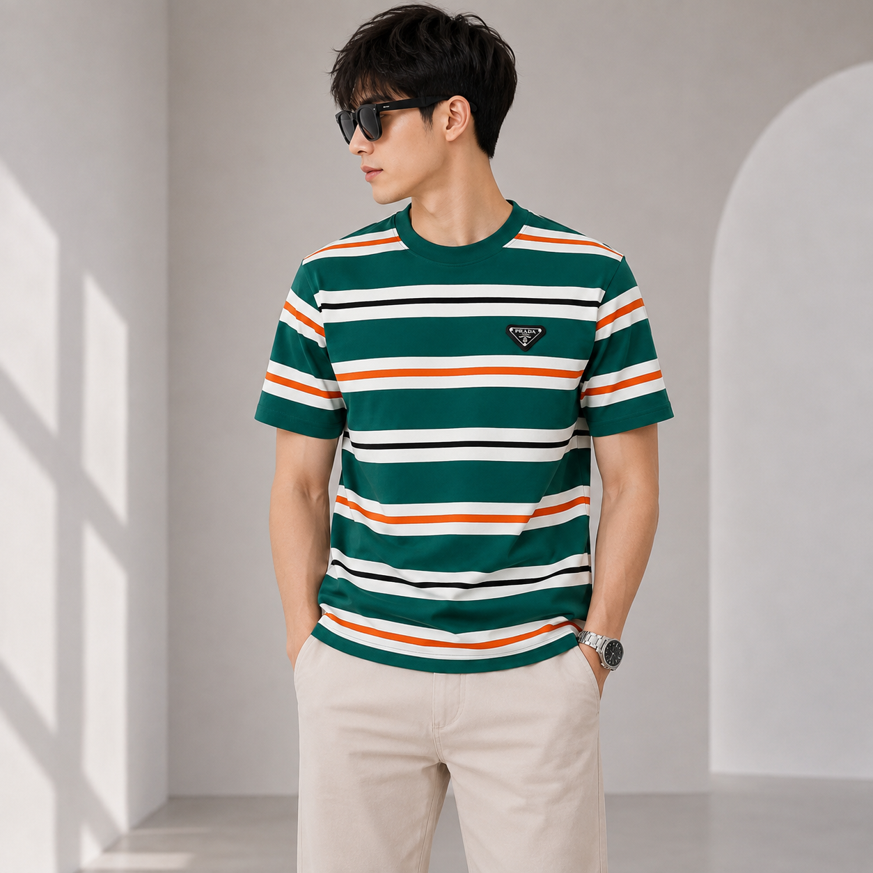 Pr_ada Men’s Premium Green Striped T-Shirt | Round Neck Half Sleeve Casual Tee