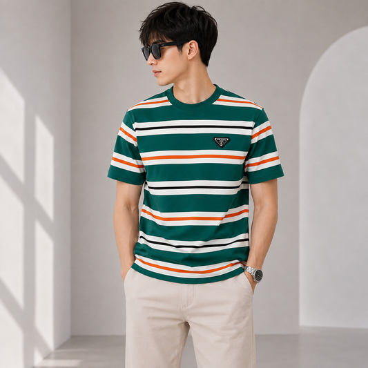 Pr_ada Men’s Premium Green Striped T-Shirt | Round Neck Half Sleeve Casual Tee