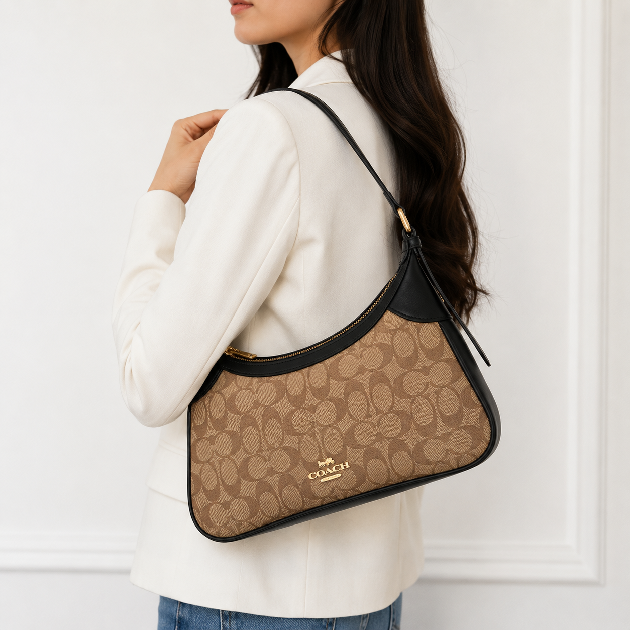 Co_ach Signature Monogram Shoulder Bag – Brown & Black Luxury Handbag