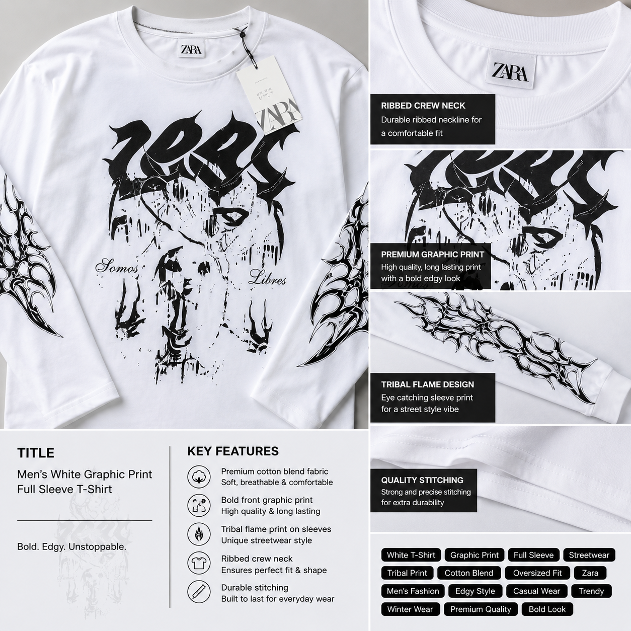 za_ra Men's White Oversized Graphic Print Full Sleeve T-Shirt