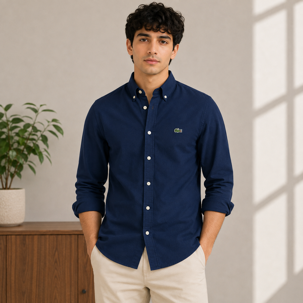 Lac_oste Men’s Navy Blue Slim Fit Button-Down Shirt – Signature Crocodile Logo