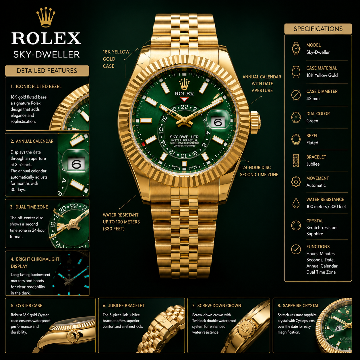 Rol_ex Sky-Dweller Gold Green Dial Luxury Watch