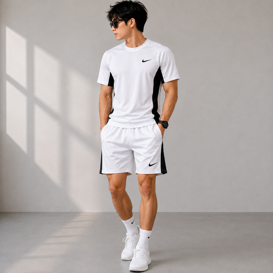Ni_ke Men’s White & Black Sports T-Shirt & Shorts Co-ord Set | Premium Athletic Gym & Running Set