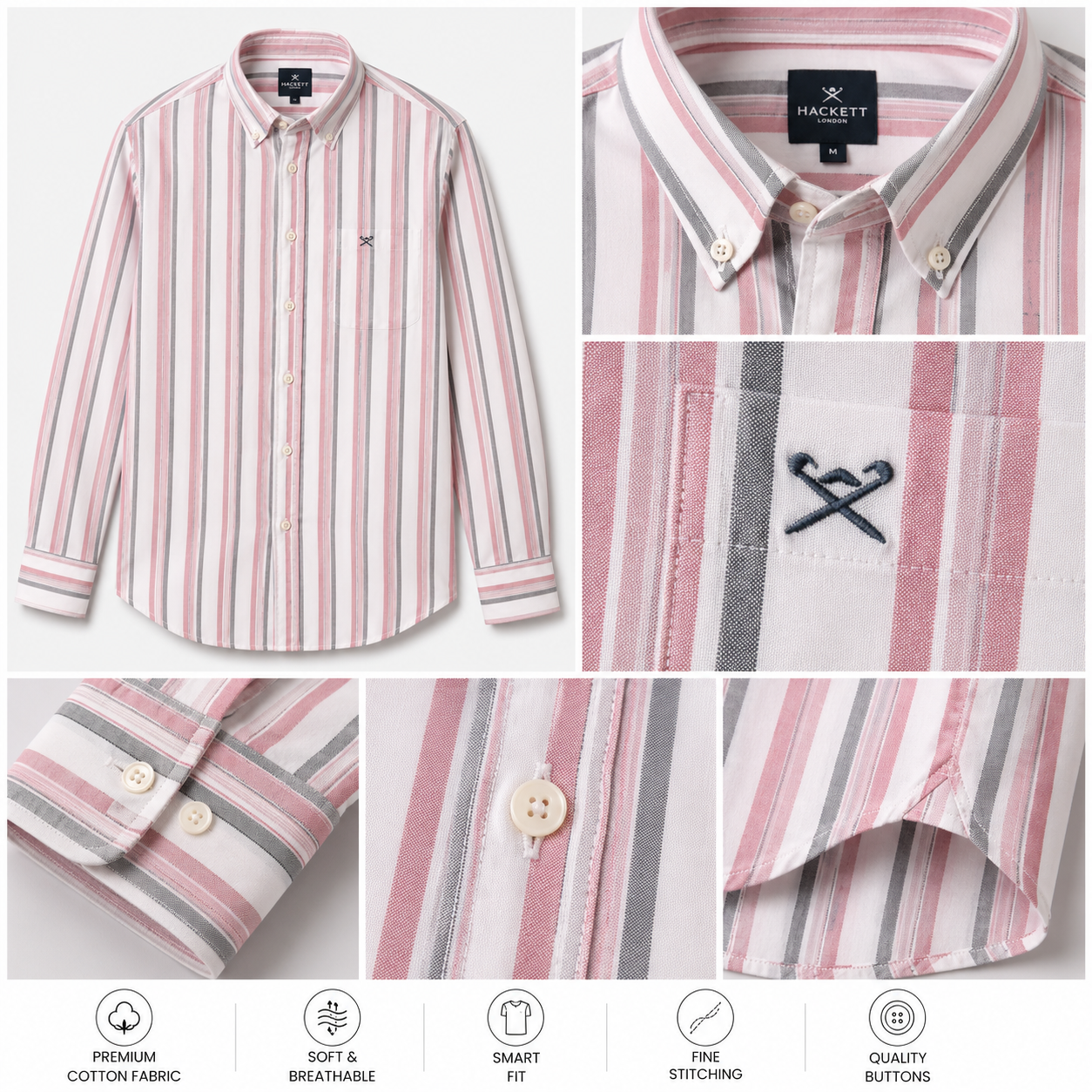 HAC_KETT London Men’s Premium Pink, Grey & White Striped Full Sleeve Shirt – Smart Casual Fit