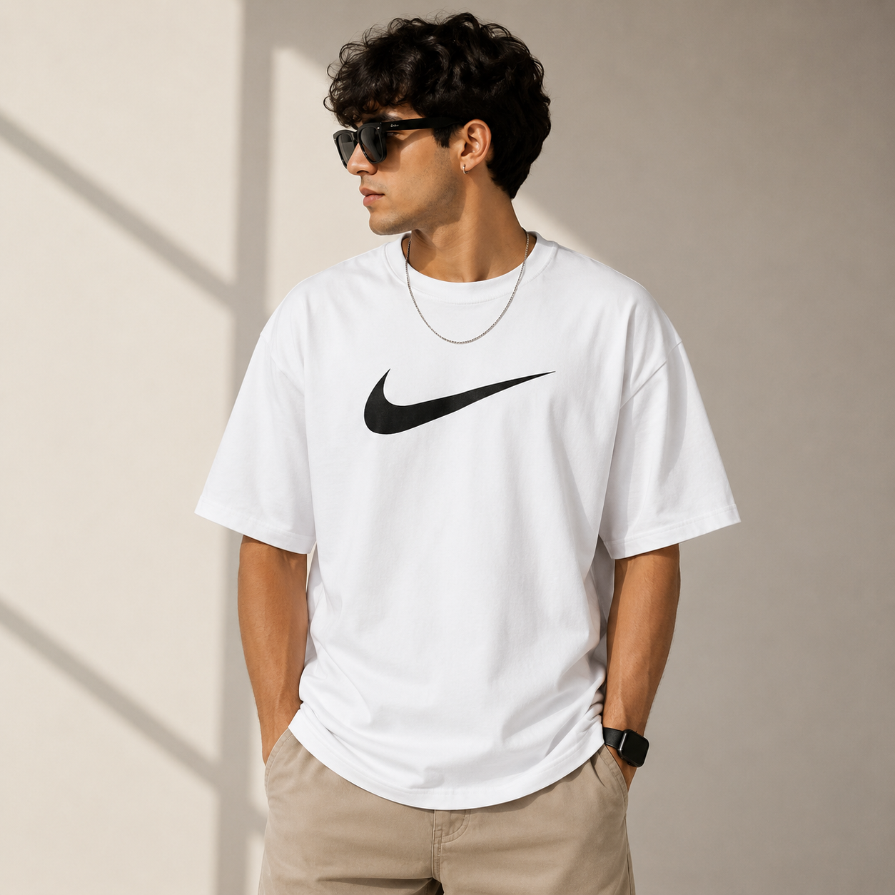 Ni_ke Men’s White Oversized Graphic T-Shirt – Blue Back Print Streetwear Tee