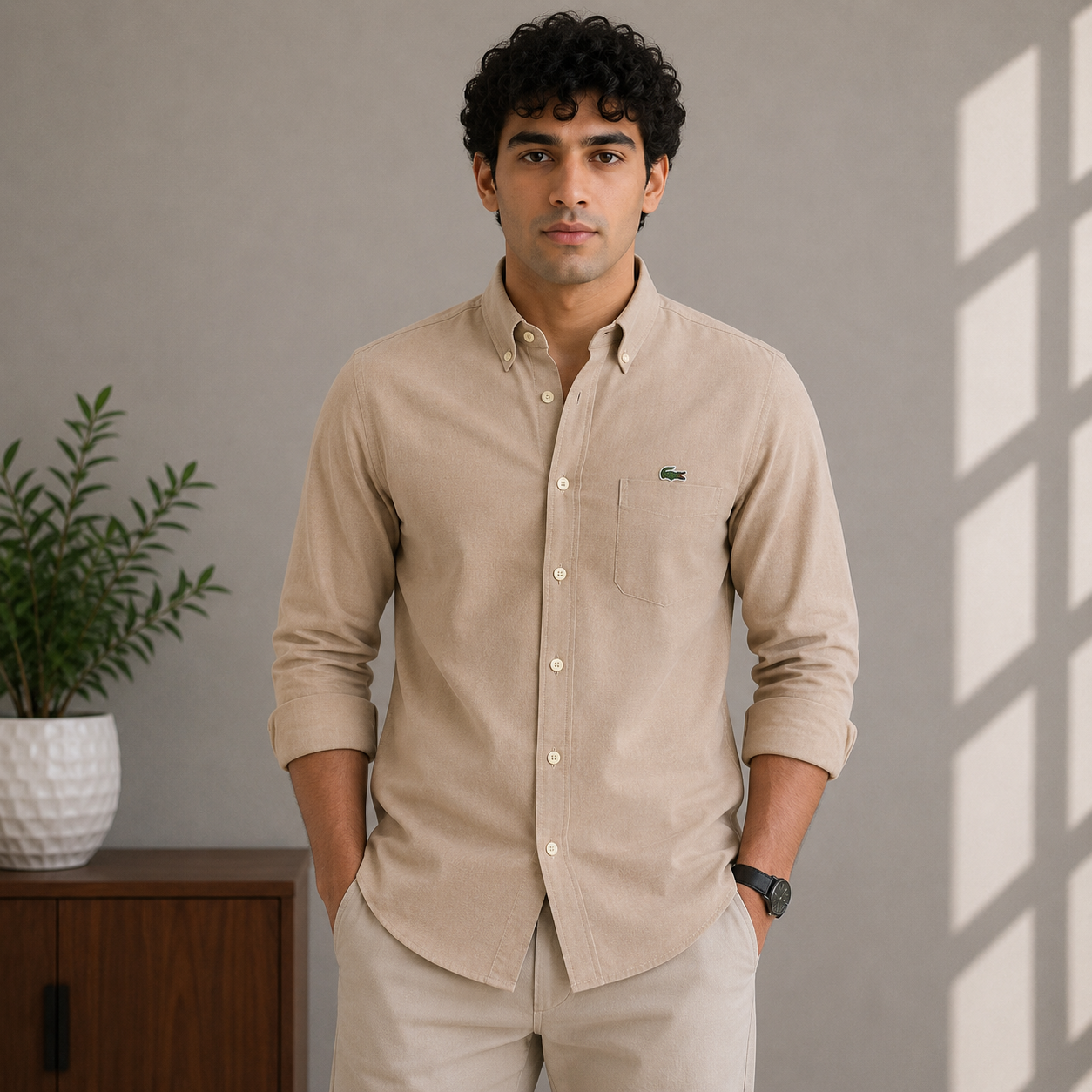 Lac_oste Men’s Beige Slim Fit Button-Down Shirt – Signature Crocodile Logo