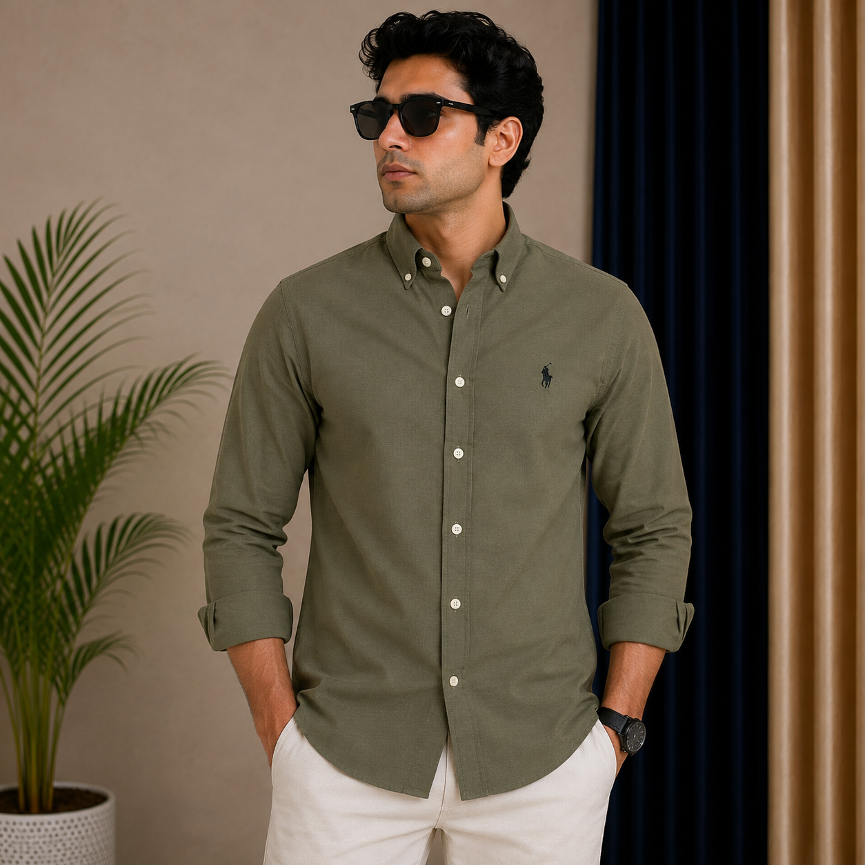 Po_lo RAL_PH LAU_REN Men’s Premium Dark Olive Green Oxford Shirt – Embroidered Button-Down Full Sleeve Shirt