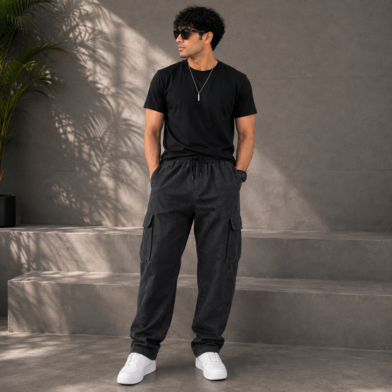 Po_lo Men's Premium Black Cargo Lower | Relaxed Fit Utility Pants with Drawstring Waist