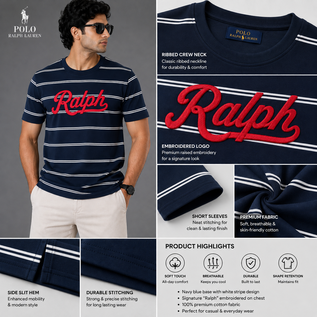 Po_lo Ral_ph Lau_ren Men’s Navy Blue Striped Crew Neck T-Shirt – Red Ralph Embroidered Logo