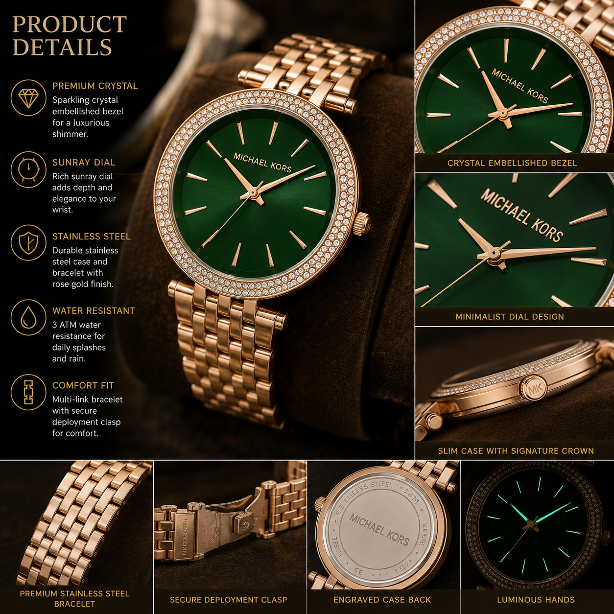 Mic_hael Ko_rs Women’s Rose Gold Crystal Watch – Emerald Green Dial & Premium Bracelet