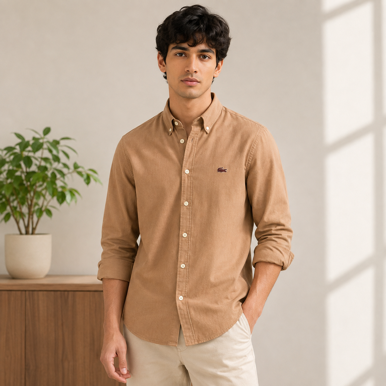 Lac_oste Men’s Tan Brown Slim Fit Button-Down Shirt – Signature Crocodile Logo