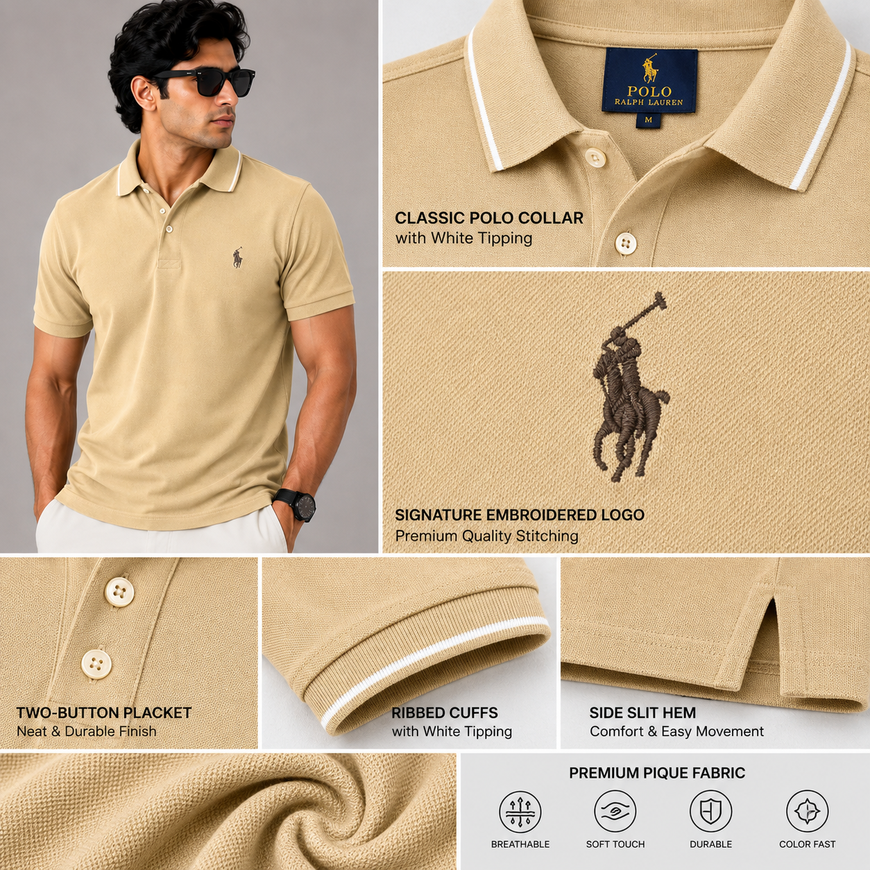 Po_lo Ral_ph Lau_ren Men’s Beige Premium Polo T-Shirt – Signature Pony Logo & Contrast Tipped Collar